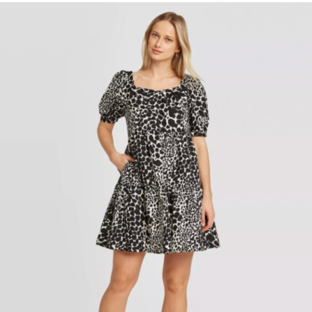 Who What Wear Black & White Animal Print Puff Sleeve Dress – Size S